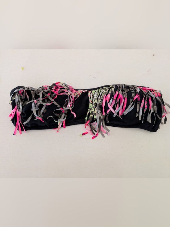 Other - Black Fringe Bandeau Bikini Top with Neon Pink & Gray Accents